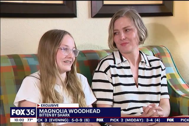 <p>Fox35</p> Magnolia Woodhead talking to Fox 35 Orlando about shark bite