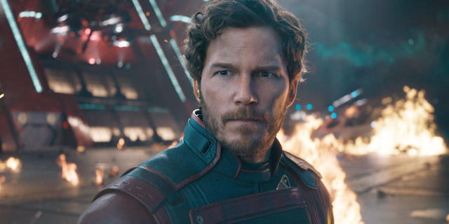 This image released by Marvel Studios shows Chris Pratt in a scene from "Guardians of the Galaxy Vol. 3." (Marvel Studios-Disney via AP)