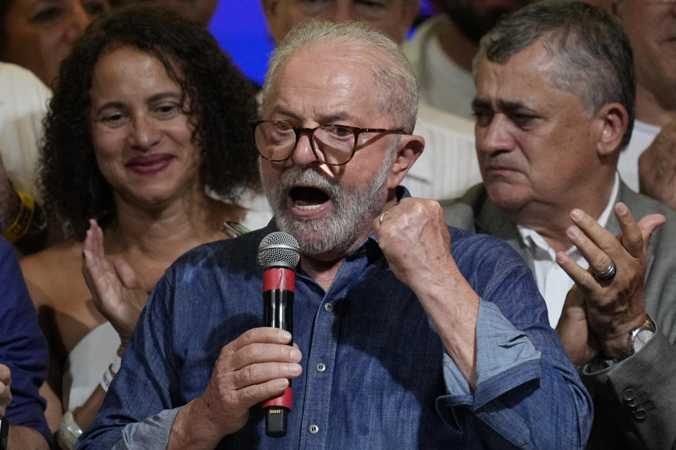 Former Brazilian President Luiz Inacio Lula da Silva speaks to supporters after defeating incumbent Jair Bolsonaro in a presidential run-off election to become the country's next president, in Sao Paulo, Brazil, Sunday, Oct. 30, 2022. (AP Photo/Andre Penner)