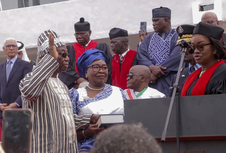 In this picture taken from video, Liberia's new President Joseph Nyuma Boakai, front left, is sworn into office in Monrovia, Liberia, Monday, Jan. 22, 2024, after a narrow win in the November elections to become the country's oldest-ever president. The 79-year-old Boakai has promised to unite and rescue Africa's oldest republic from its economic woes, ranging from chronic corruption to an ailing economy. (AP Photo)