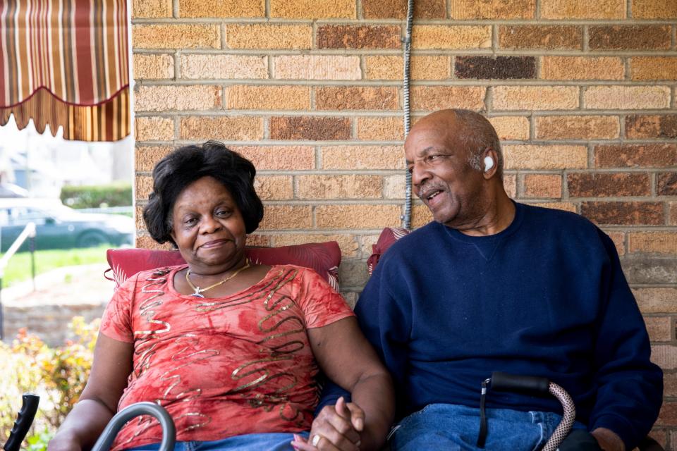 Ann and Al Hill sit on the front porch of their home in Cincinnati on Tuesday, April 6, 2021. In 1993, Ann and Al started fostering teenage girls. They have been foster parents to 100 girls. Al said, "We made our home for everybody."