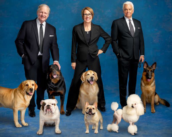 <p>Virginia Sherwood/NBC via Getty</p> David Frei, Mary Carillo, and John O'Hurley photographed with dogs for the 2023 National Dog Show