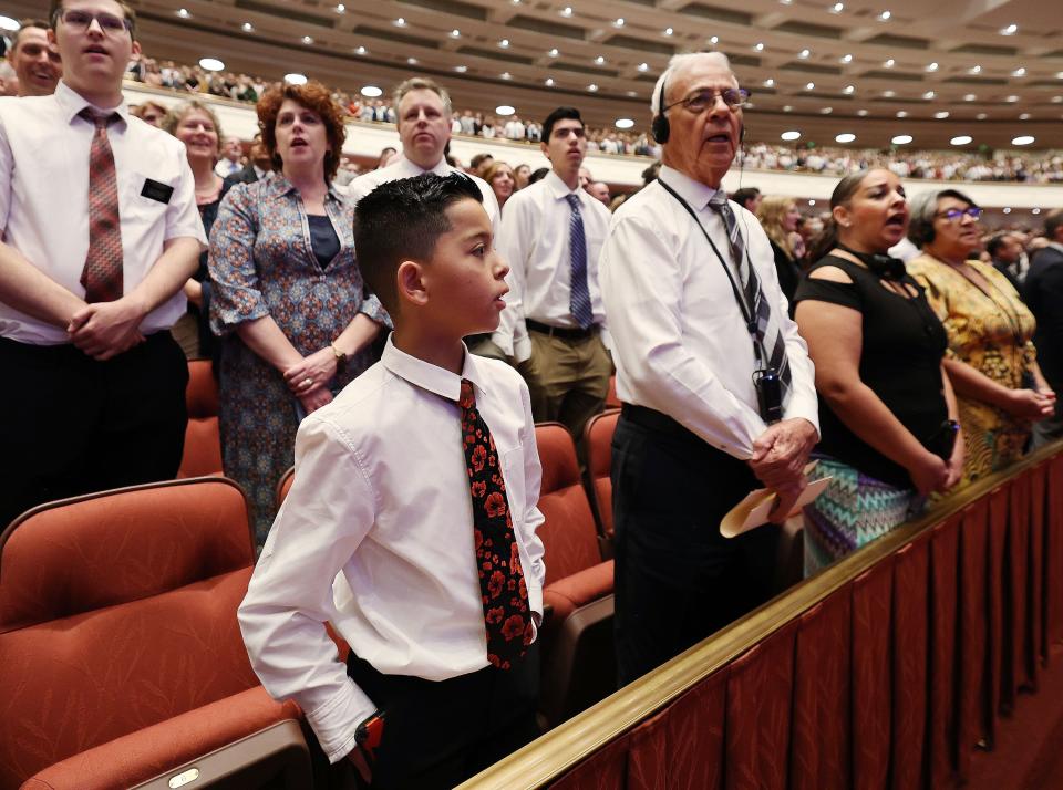 Matthew Ellen, 12, sings during the 193rd Semiannual General Conference of The Church of Jesus Christ of Latter-day Saints at the Conference Center in Salt Lake City on Saturday, Sept. 30, 2023. | Jeffrey D. Allred, Deseret News