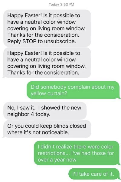 landlord asks person to change their yellow curtains