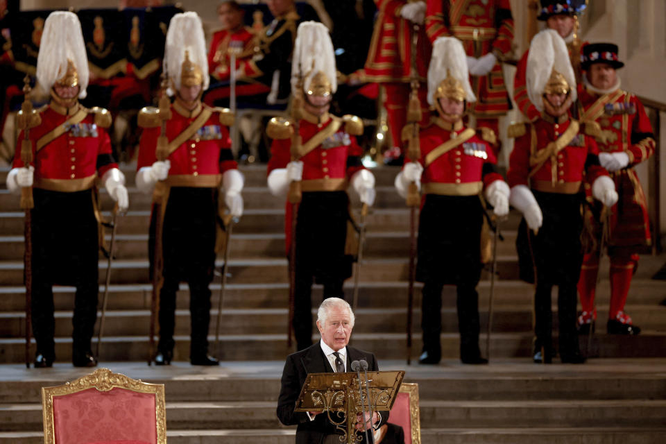 Britain's King Charles III speaks at Westminster Hall, where both Houses of Parliament are meeting to express their condolences following the death of Queen Elizabeth II, at Westminster Hall, in London, Monday, Sept. 12, 2022. Queen Elizabeth II, Britain's longest-reigning monarch, died Thursday after 70 years on the throne. (John Sibley/Pool Photo via AP)