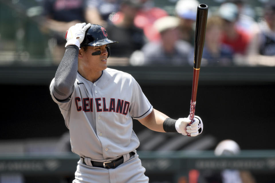 Cleveland Indians' Yu Chang at bat against the Baltimore Orioles during a baseball game, Sunday, June 6, 2021, in Baltimore. (AP Photo/Will Newton)