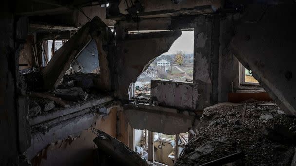 PHOTO: A destroyed apartment building is seen in the village of Arkhanhelske, Kherson region, Ukraine on Nov. 8, 2022. (Stringer/Reuters)