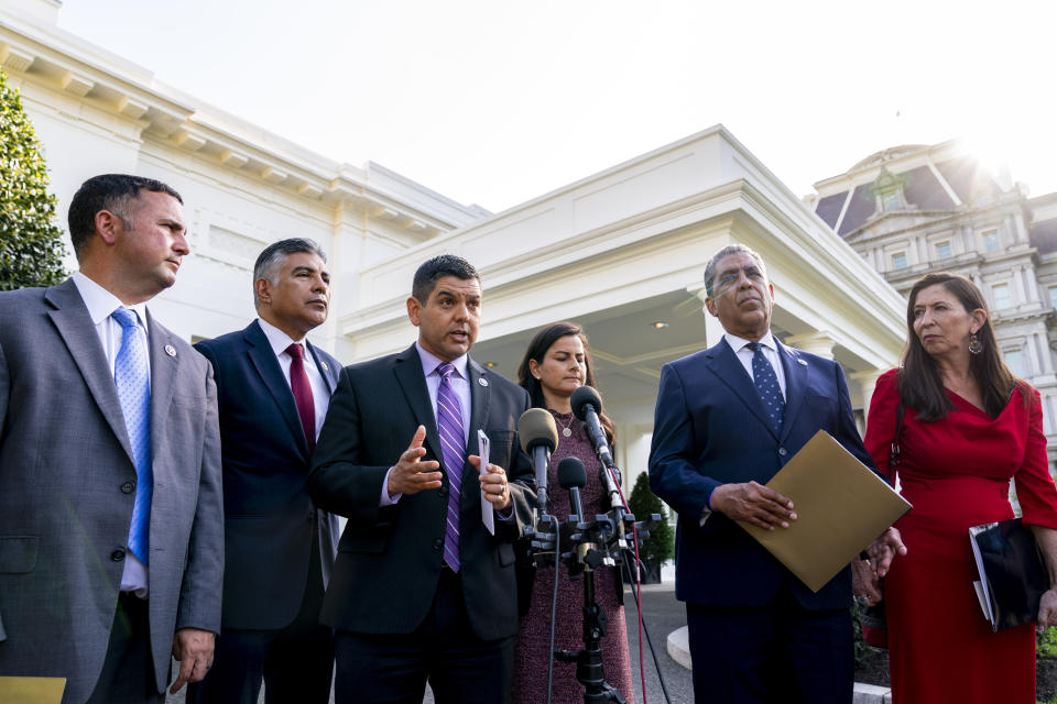 Congressional Hispanic Caucus Chairman Rep. Raul Ruiz, D-Calif., accompanied by from left, Rep. Darren Soto, D-Fla., Rep. Tony Cardenas, D-Calif., Rep. Nanette Barragan, D-Calif., Rep. Adriano Espaillat, D-N.Y., and Rep. Teresa Leger Fernandez, D-N.M., speaks to members of the media following a meeting with President Joe Biden at the White House in Washington, Monday, April 25, 2022. (AP Photo/Andrew Harnik)