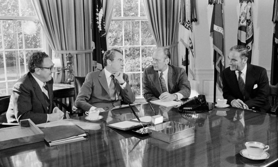 Secretary of state Henry Kissinger in the Oval Office with, from left, President Richard Nixon, vice-president-designate Gerald Ford, and chief of staff Alexander Haig, October 1973.