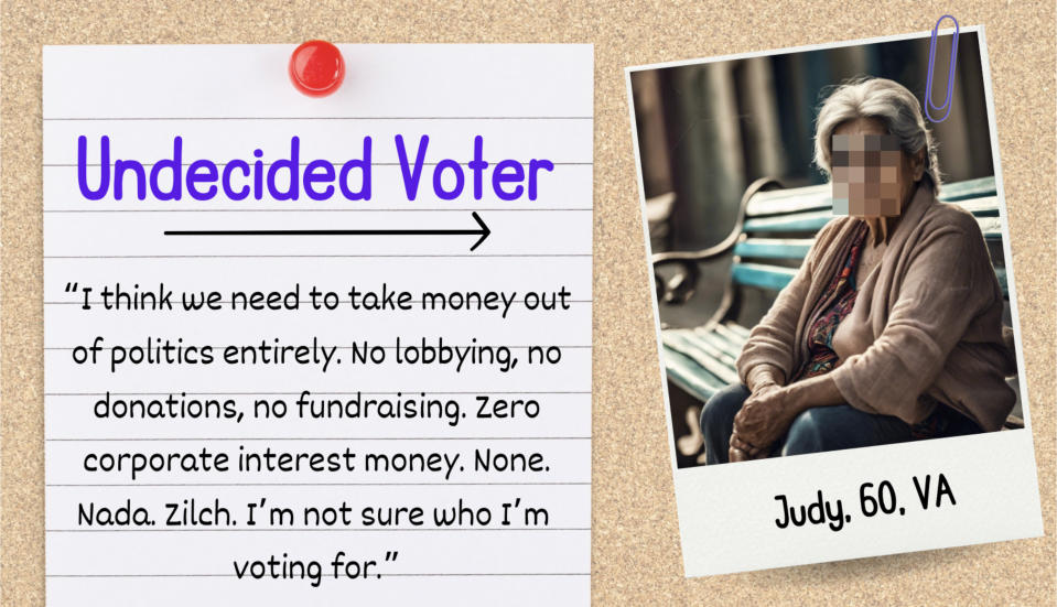 Image on left: Quote about political donations attributed to an "Undecided Voter." Right: Portrait of Judy, 60, from Virginia