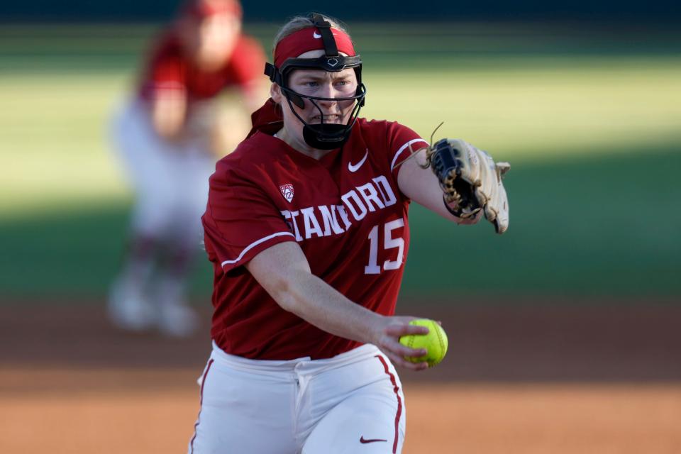 Stanford starting pitcher Alana Vawter (15) throws against Long Beach St. during an NCAA softball game on Friday, May 19, 2023, in Stanford, Calif.