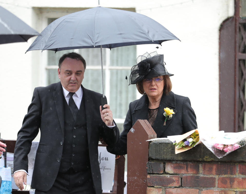 Lady Anne, wife of Sir Ken Dodd, leaves their home in Knotty Ash ahead of his funeral at Liverpool Cathedral. (PA)