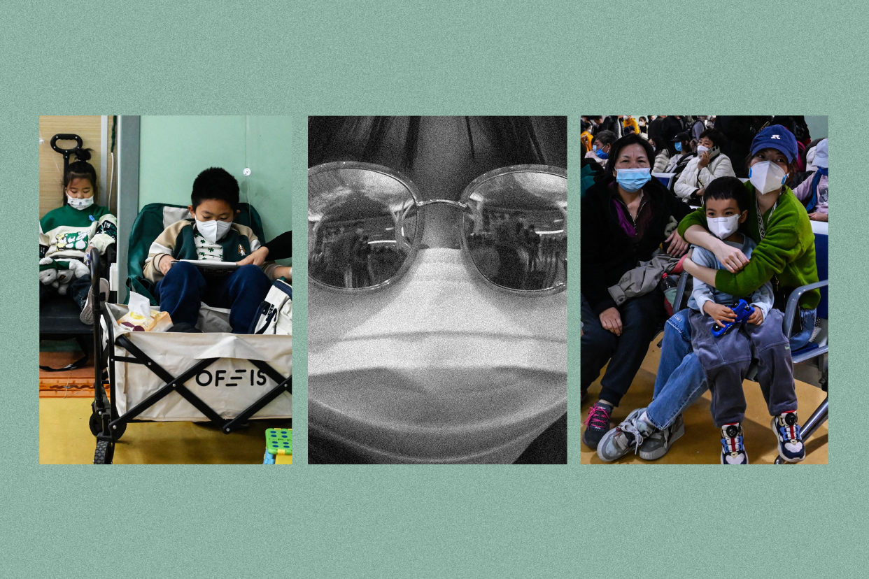 Three panels of a photo illustration of children in China wearing masks because of respiratory illnesses.