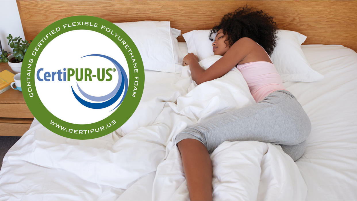  Person sleeping with CertiPUR-US logo overlaid. 