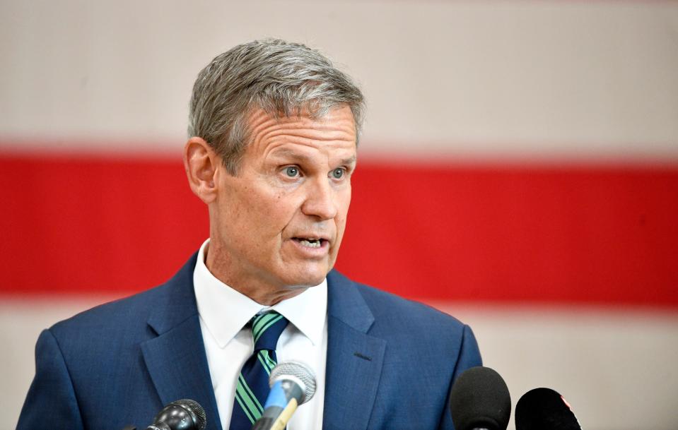 Governor Bill Lee talks with the media after attending a briefing with the Dr. Deborah Birx and other health officials in Nashville, Tenn. Monday, July 27, 2020 