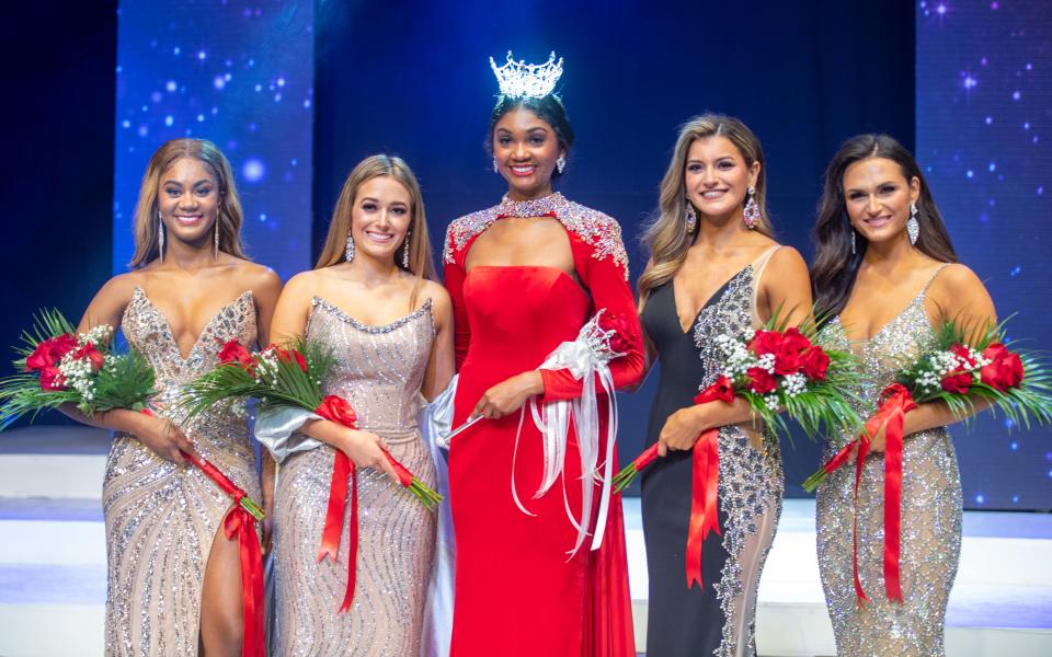 The Top 5 of the Miss Tennessee Volunteer pageant; Miss Midtown D'Ambrah Watts, Miss Mid South Kara Short, Miss Tennessee Volunteer Jada Brown, Miss Germantown Erin Sharp, and Miss Mid South Fair Lydia Waldrop pose for a photo after the final night of the 2023 Miss Tennessee Volunteer pageant competition inside Carl Perkins Civic Center in Jackson, Tenn. on Saturday, July 29, 2023.