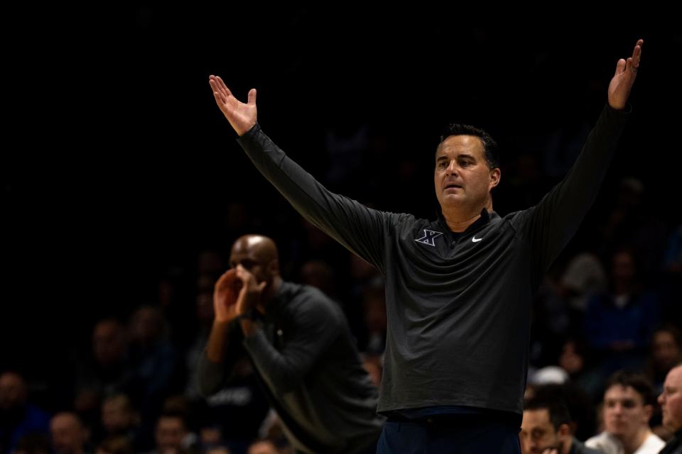 Xavier Musketeers head coach Sean Miller reacts to a no call after Xavier Musketeers lost possession in the first half of the NCAA basketball game Bryant Bulldogs and Xavier Musketeers at Cintas Center in Cincinnati on Friday, Nov. 24, 2023.
