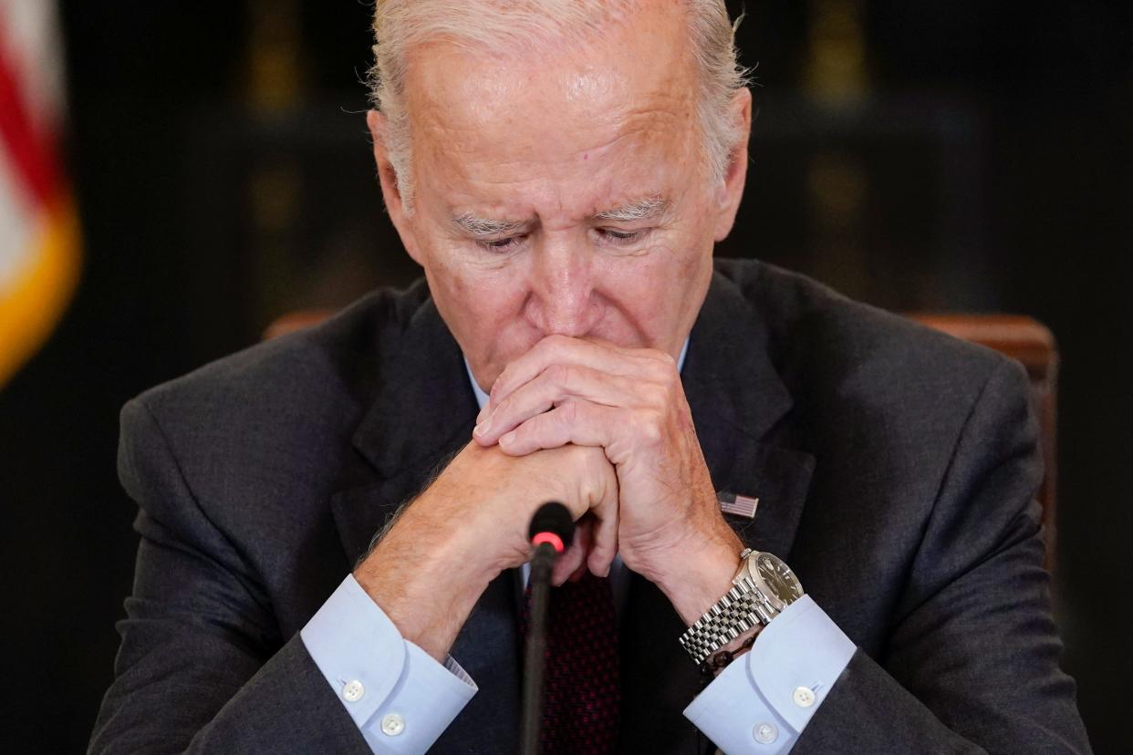 President Joe Biden listens during a meeting at the White House in Washington on Tuesday, Oct. 4, 2022. The Treasury Department reported on Oct. 4 that outstanding public debt was $3.3 trillion when President George W. Bush took office in 2001; $10.6 trillion when President Obama took office in 2009; $19.9 trillion when President Trump took office in 2017 and $27.8 trillion when Biden took office in 2021.