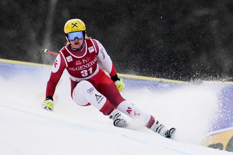 Austria's Nina Ortlieb speeds down the course during an alpine ski, women's World Cup super G race, in Kvitfjell, Norway, Sunday, March 5, 2023. (Stian Lysberg Solum/NTB Scanpix via AP)