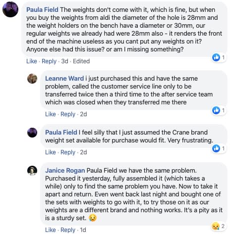 Social media posts showing three different customers with the same complaint about the weight bench.