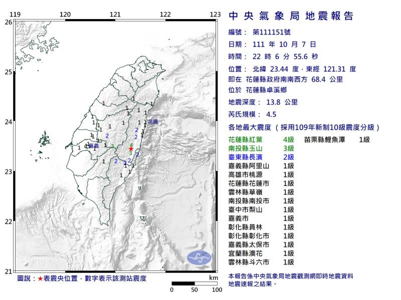 ▲花蓮縣今天晚間10時許，發生芮氏規模4.5地震。（圖／中央氣象局）