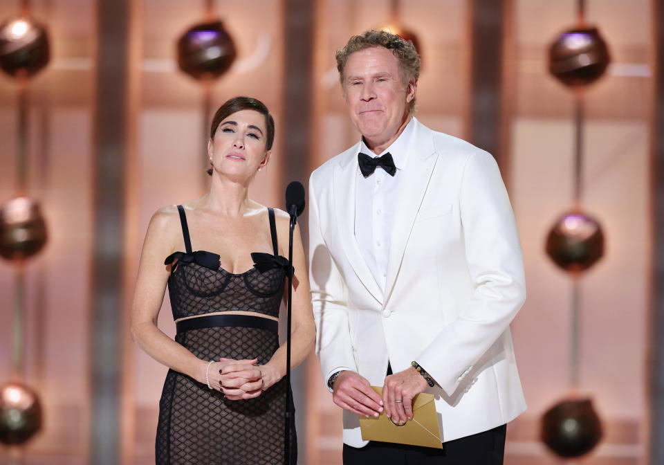 Kristen Wiig and Will Ferrell at the 81st Golden Globe Awards held at the Beverly Hilton Hotel on January 7, 2024 in Beverly Hills, California.