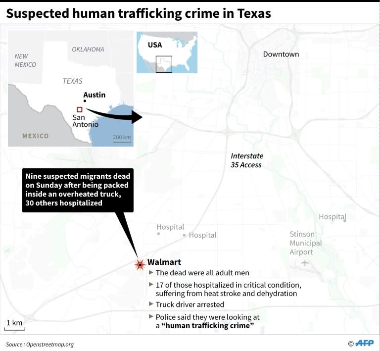 Close-up map of San Antonio, Texas locating Walmart, where nine suspected migrants were dead on Sunday after being packed inside an overheated truck