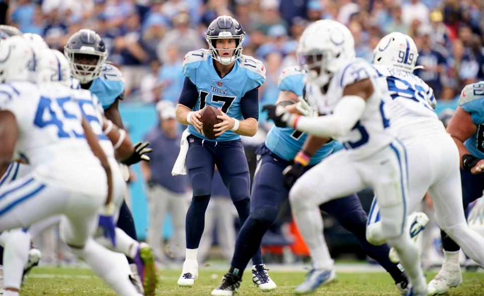 Tennessee Titans quarterback Ryan Tannehill (17) looks for an opening to pass during the fourth quarter against the Indianapolis Colts.