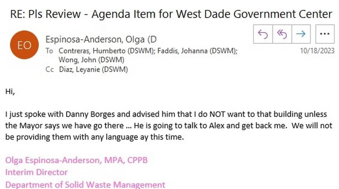 On Oct. 18, 2023, Olga Espinosa-Anderson, then the interim director of Miami-Dade’s Department of Solid Waste Management, recalled a conversation she said she had with Daniel Borges, a senior administrator in the county’s Internal Services Department. Internal Services, run by Director Alex Muñoz, is overseeing a proposal to purchase a former Florida Power and Light building for use as a new county office complex. Espinosa-Anderson wanted Solid Waste to rent cheaper office space elsewhere and resisted a request to send the office of Mayor Daniella Levine Cava a blurb on why the former FPL center would be a good fit for Solid Waste.