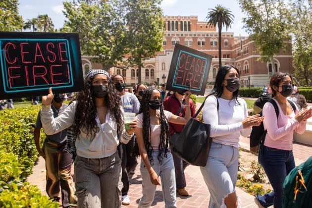 Students calling for a ceasefire at the University of Southern California in Los Angeles on April 24, 2024. - Credit: Grace Hie Yoon/Anadolu/Getty Images