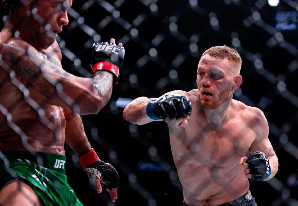 Gilbert Burns of Brazil fights against Jack Della Maddalena of Australia during their welterweight title match during the UFC 299 event at the Kaseya Center on Saturday, March 9, 2024, in downtown Miami, Fla.