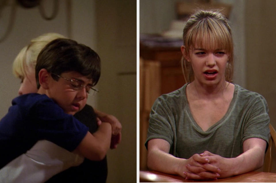 A side-by-side of Christy holding Oliver and Violet sitting at a table