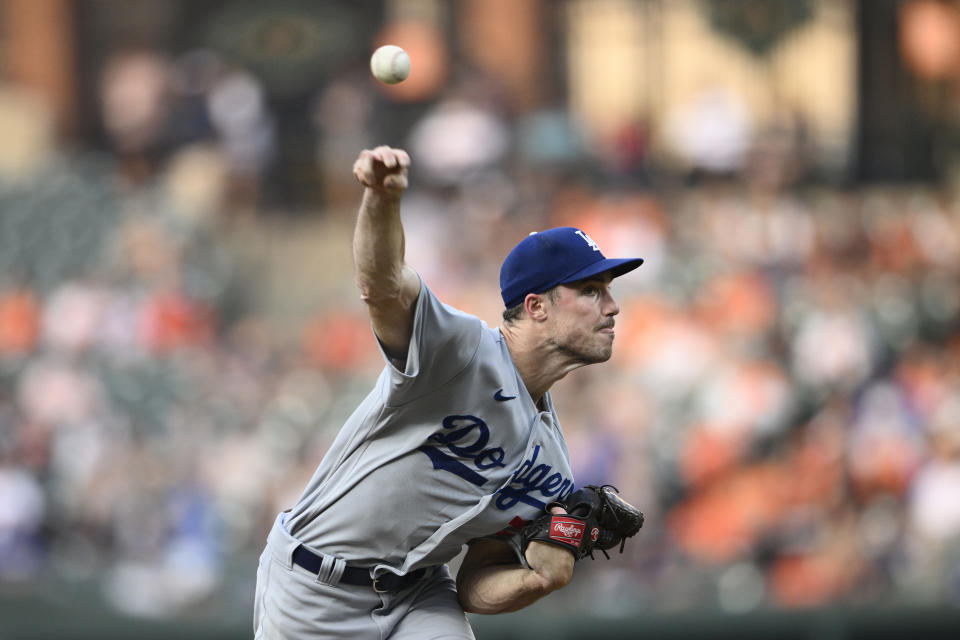 Los Angeles Dodgers starting pitcher Michael Grove throws during the first inning of a baseball game against the Baltimore Orioles, Tuesday, July 18, 2023, in Baltimore. (AP Photo/Nick Wass)