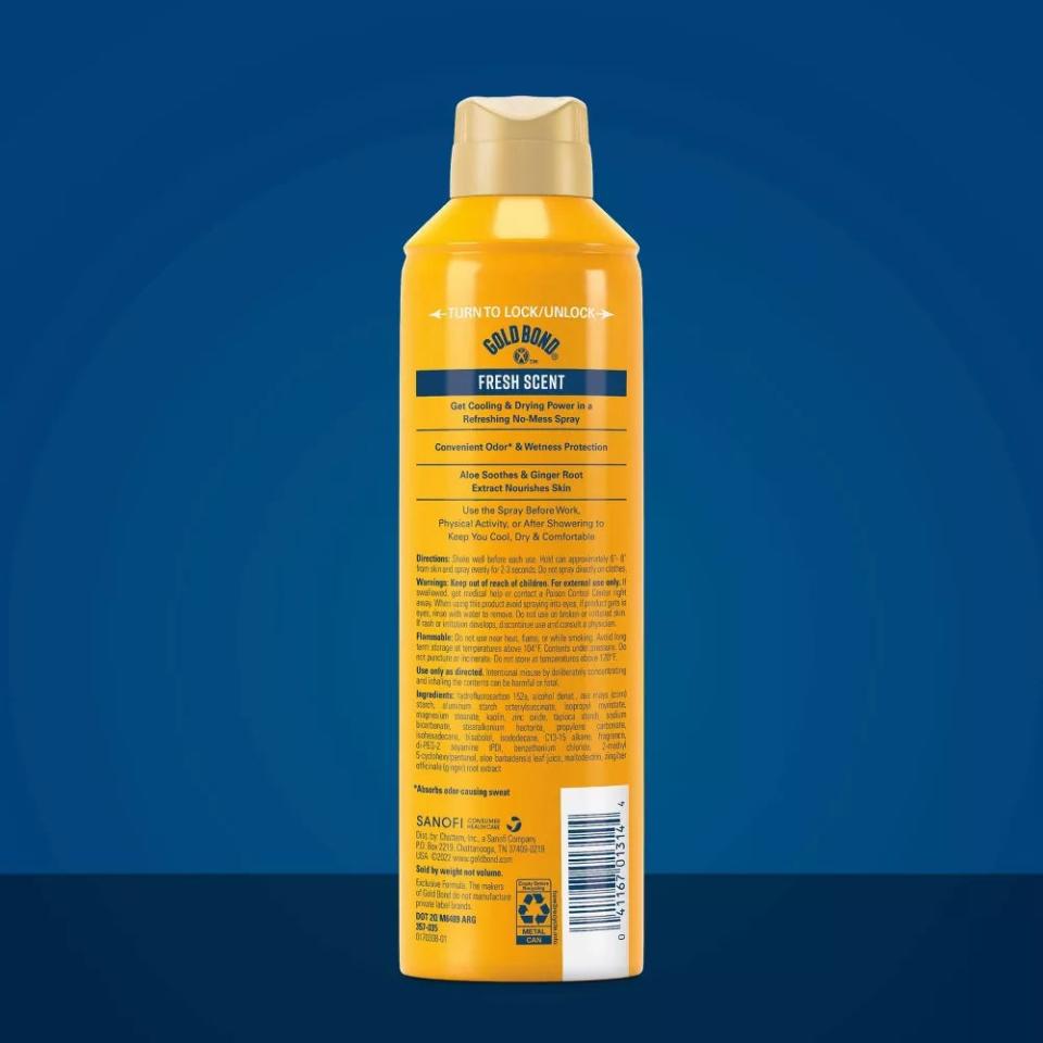 Back of a Gold Bond Fresh Scent body powder spray can showing instructions and information about odor and wetness protection, and anti-friction benefits