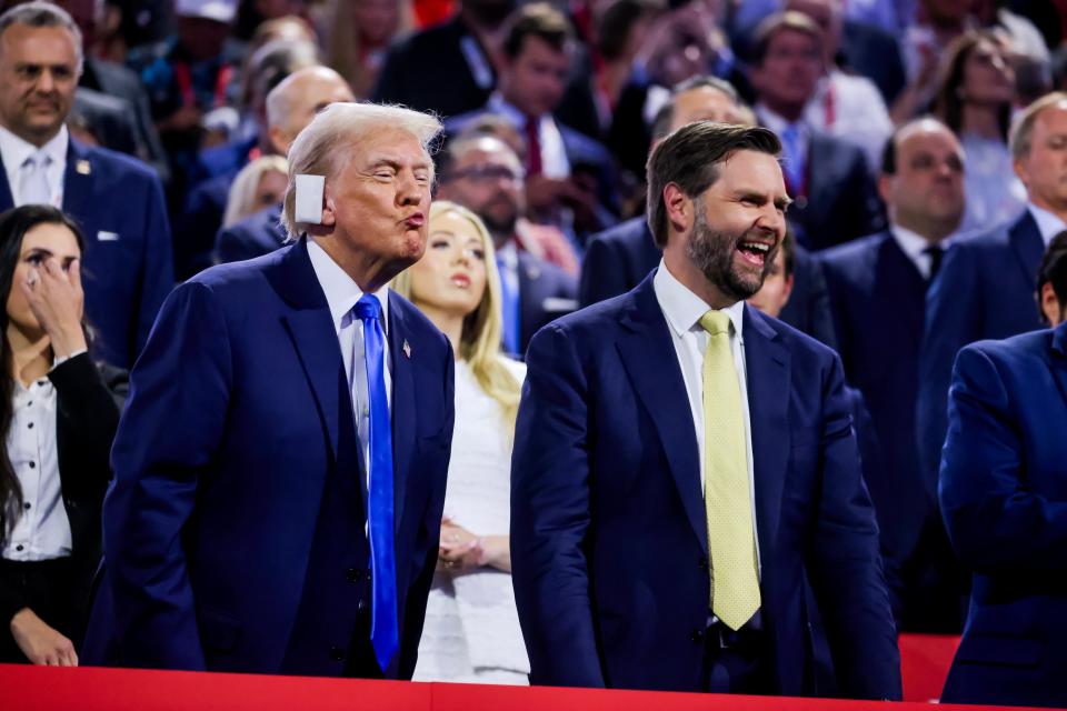 Republican presidential nominee Donald Trump and his vice presidential running mate Senator JD Vance attend the second day of the Republican National Convention (EPA)