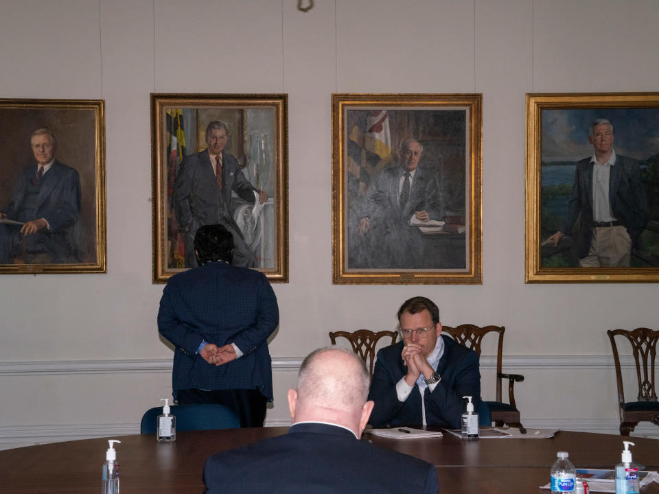 Governor Larry Hogan and staff meet at the Maryland State House on Annapolis on April 24. | Peter van Agtmael—Magnum Photos for TIME