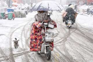 Le 4 février 2024 à Huai’an (Chine). Une femme sur son scooter, suivie de son chien, alors que la province Jiangsu est touchée par le blizzard. . Photo AFP