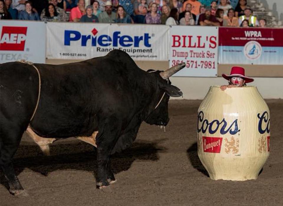 John Harrison pokes his head out of the Coors barrel, as a bull stares him down on the rodeo dirt.