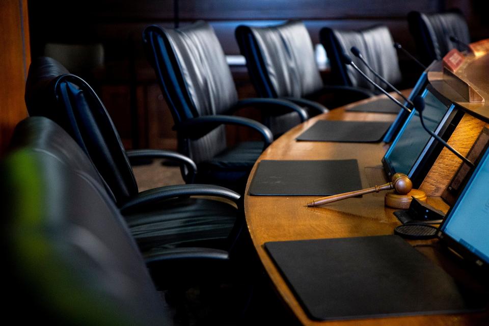 The Des Moines City Council chambers sat empty on Monday, March 23, 2020, as meetings were held virtually during the COVID-19 pandemic.