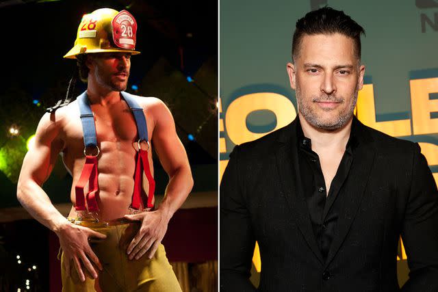 <p>Moviestore/Shutterstock; Todd Williamson/NBC via Getty</p> Joe Manganiello in 'Magic Mike' and in 2024