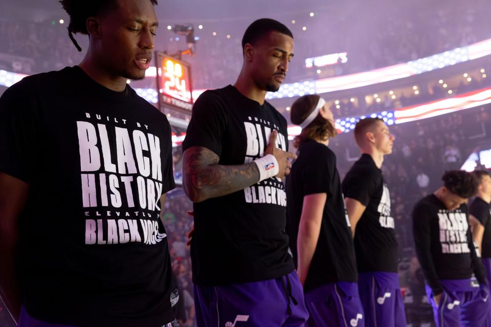 Utah Jazz players listen to the national anthem before the NBA basketball game between the Utah Jazz and the Oklahoma City Thunder at the Delta Center in Salt Lake City on Tuesday, Feb. 6, 2024. | Megan Nielsen, Deseret News