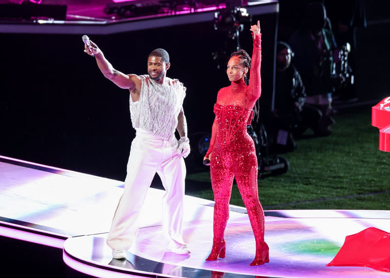 Usher and Alicia Keys perform at the Apple Music Super Bowl LVIII Halftime Show held at Allegiant Stadium on February 11, 2024 in Paradise, Nevada.