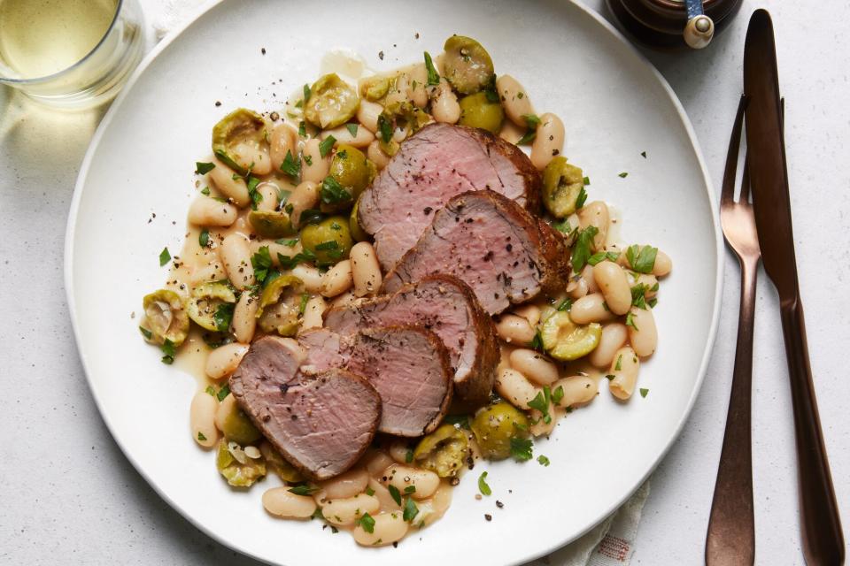 Olive Brine-Marinated Pork with Roasted Olives and Beans Recipe