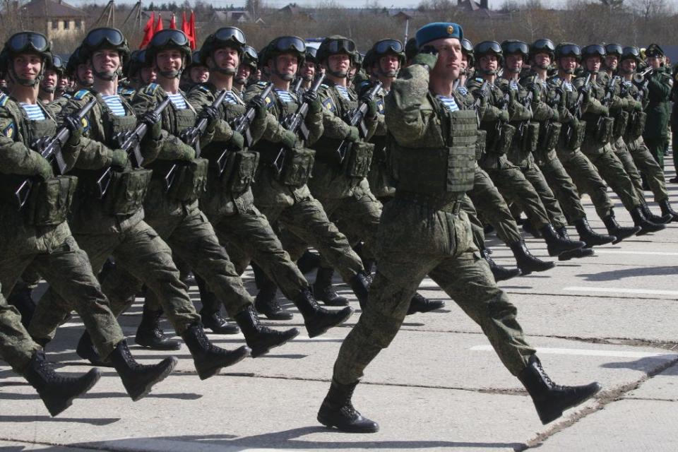 Russian paratroopers during the rehearsals for the Victory Day Military Parade at the polygon, on April 18, 2022 in Alabino, outside of Moscow, Russia