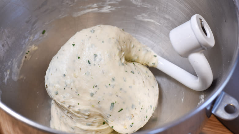 kneading bread dough in stand mixer
