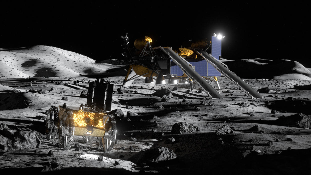 Illustration of a small golden four-wheeled rover and a larger lander on the surface of the moon. 