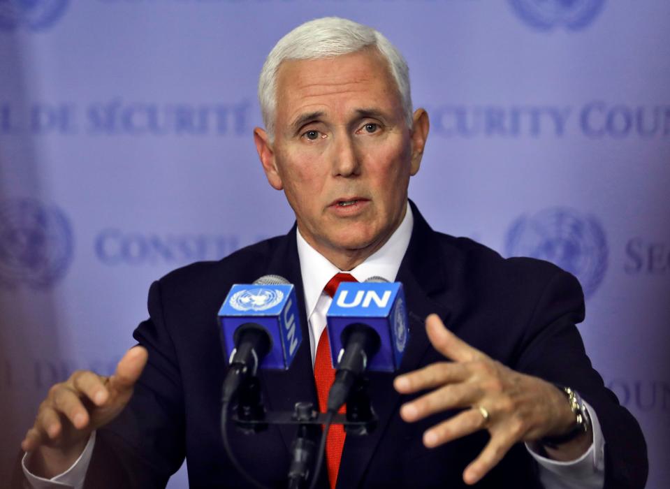 United States Vice President Mike Pence holds a news briefing after addressing the United Nations Security Council on Venezuela, Wednesday April 10, 2019 at U.N. headquarters.