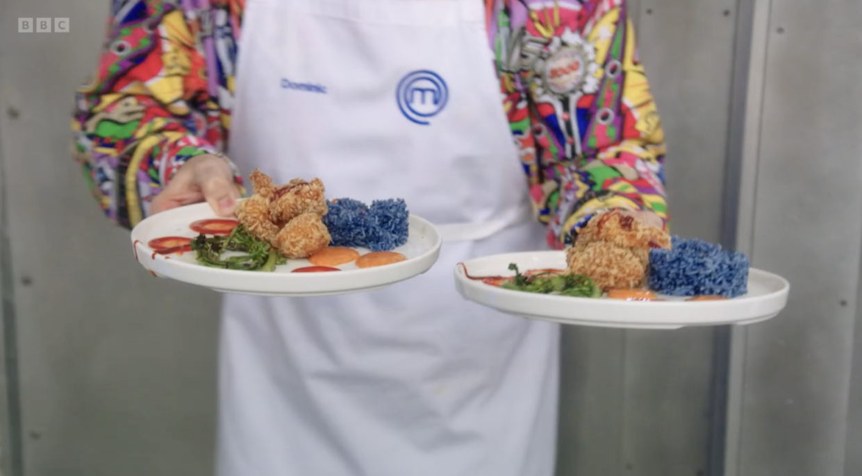 Dominic Skinner served up a dish with blue rice on Celebrity MasterChef. (BBC)