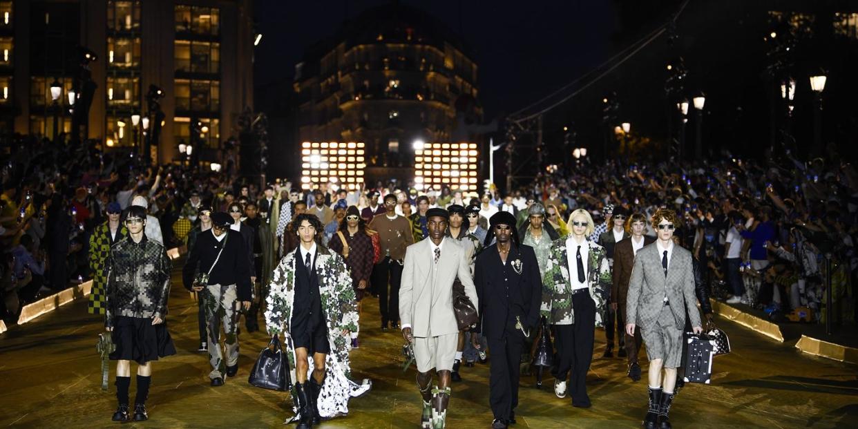 models on the runway at the louis vuitton menswear collection fashion show on june 20, 2023 in paris, france photo by giovanni giannoniwwd via getty images