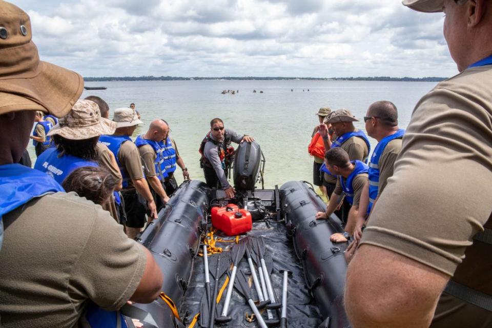 Florida State Guard recruits receive aquatic skills instruction from Florida National Guard soldiers and civilian contractors to execute a water survival training exercise at Camp Blanding, Florida, June 14, 2023. Soldiers with the 53rd Infantry Brigade Combat Team, 83rd Troop Command, and 50th Regional Support Group supplemented the multi-day training that included rescue swimming, entering and exiting water vehicles, water survival techniques and water vehicle maneuvering.